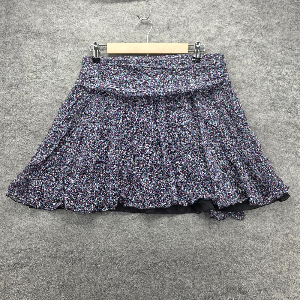 Express Skirt Womens 8 Black Purple Floral Silk A-Line Ruffle Hem Lined Flared